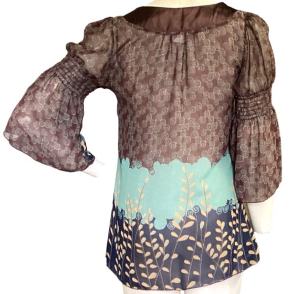 Daytrip Satin Trim & Chiffon 3/4 Smock-Bell Sleeve Top L Brown Green Black 98L - Picture 4 of 6